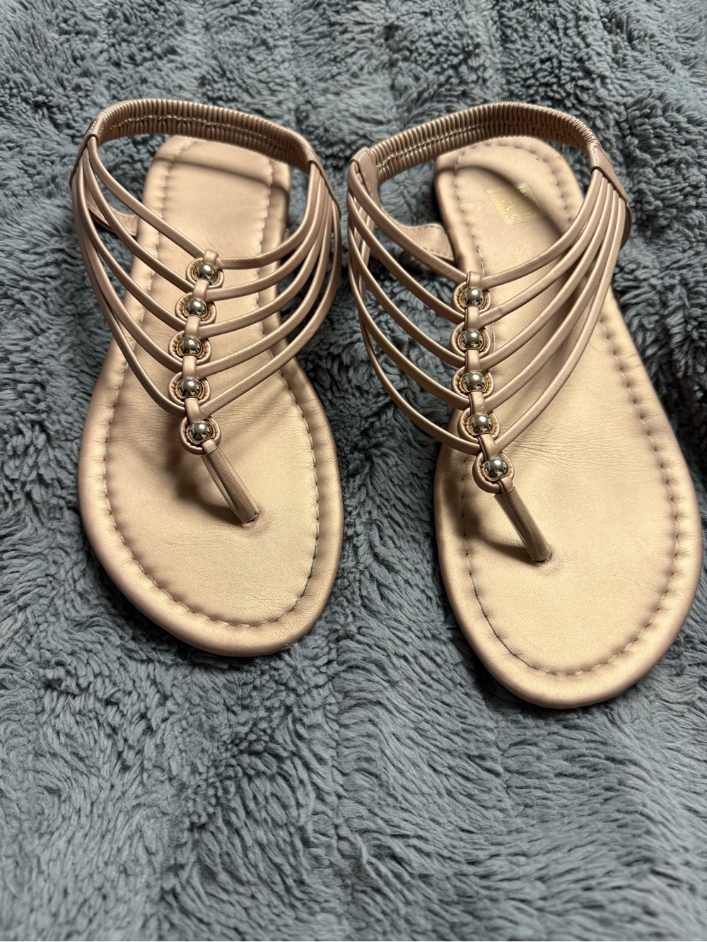 Women's Rose Gold Strappy Thong Sandals with Metallic Bead Accents